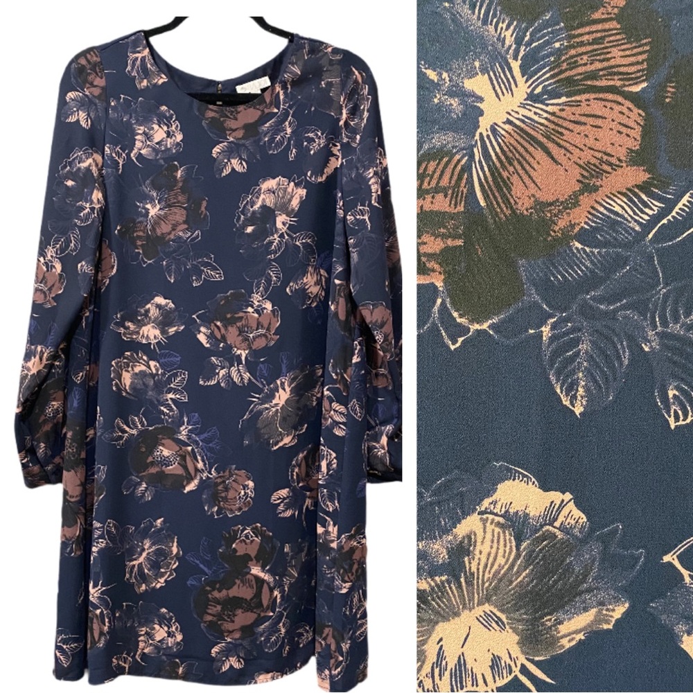 Lila Rose Navy Floral Shift‎ Dress Chiffon Size 4 Romantic Career Regencycore